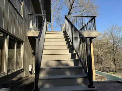 Front view of the new composite stairs leading up to the Minnetonka deck