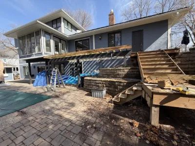 Wide view of the old elevated deck and stair layout before resurfacing in Minnetonka