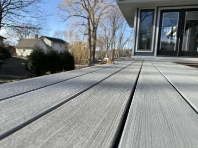 Front view of new composite stair landing on the Minnetonka deck project