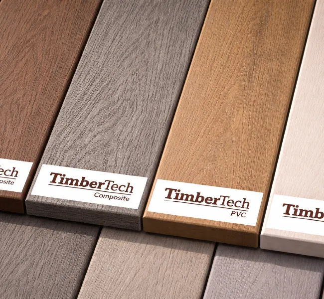 Wood, composite, and PVC decking materials shown side by side