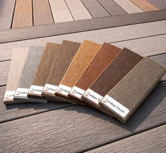 Decking material samples and installed deck boards in wood, composite, and PVC